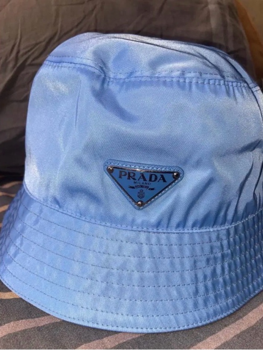 Prada Sky Blue Nylon Bucket Hat with Logo Plaque